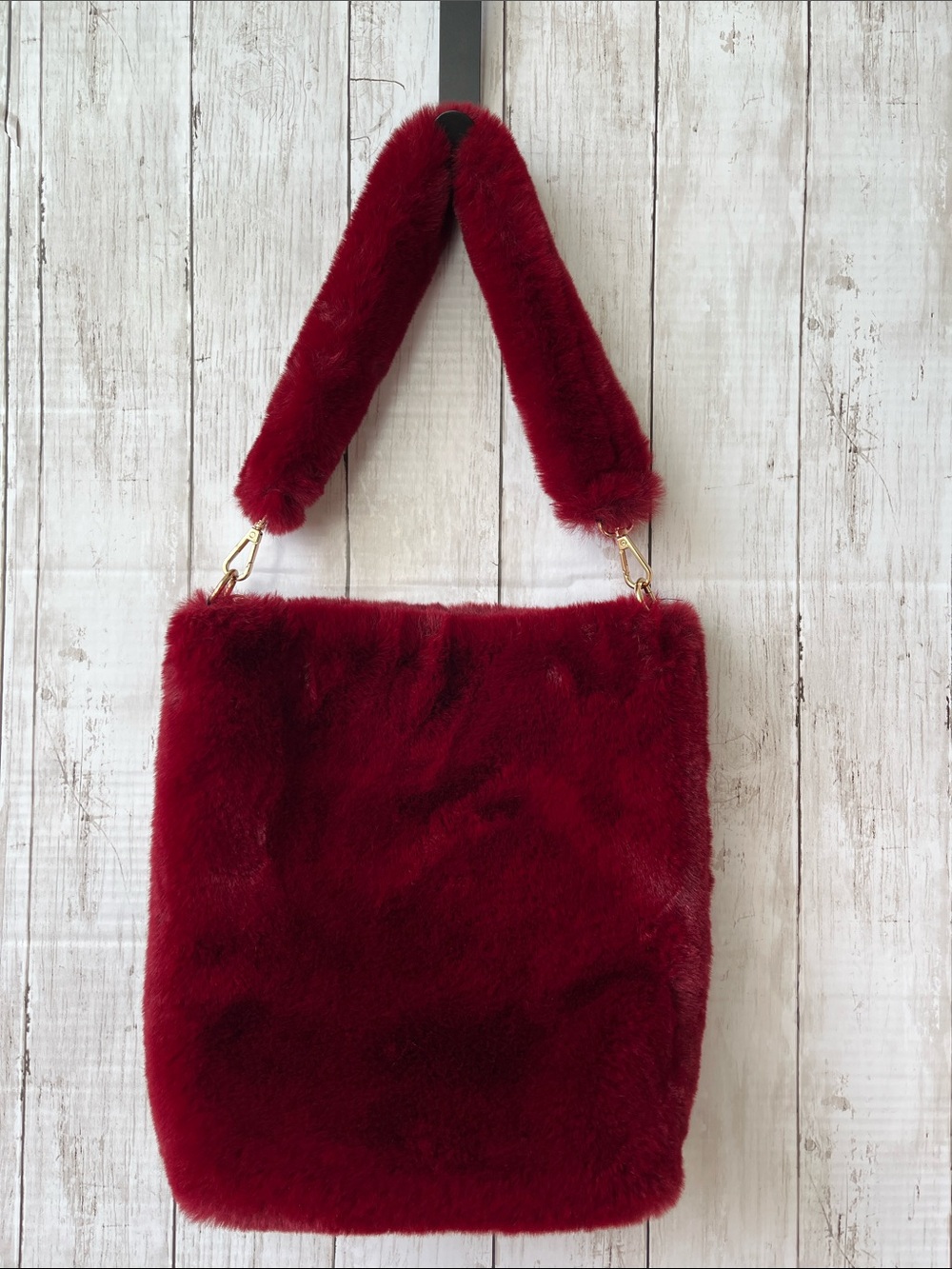 Burgundy Faux Fur Tote Shoulder Bag Fuzzy Plush Gold Hardware NWOT